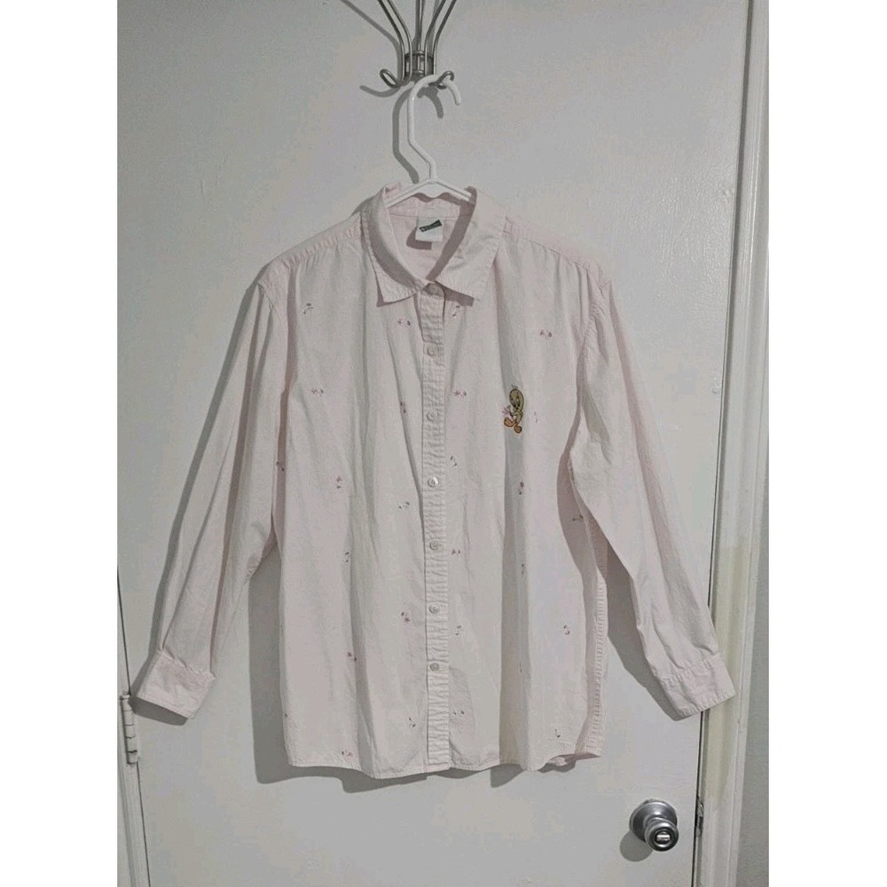 VTG Warner Brothers Looney Tunes ButtonUp Shirt Women Pink Preppy Classic XL